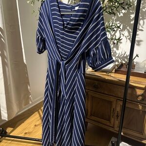 London Times Blue Striped Midi Dress US 8 petite